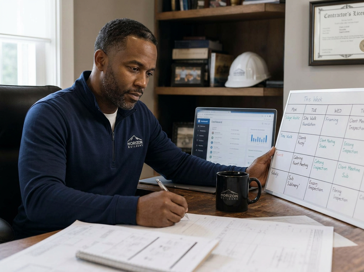 Contractor planning at desk with scheduling board