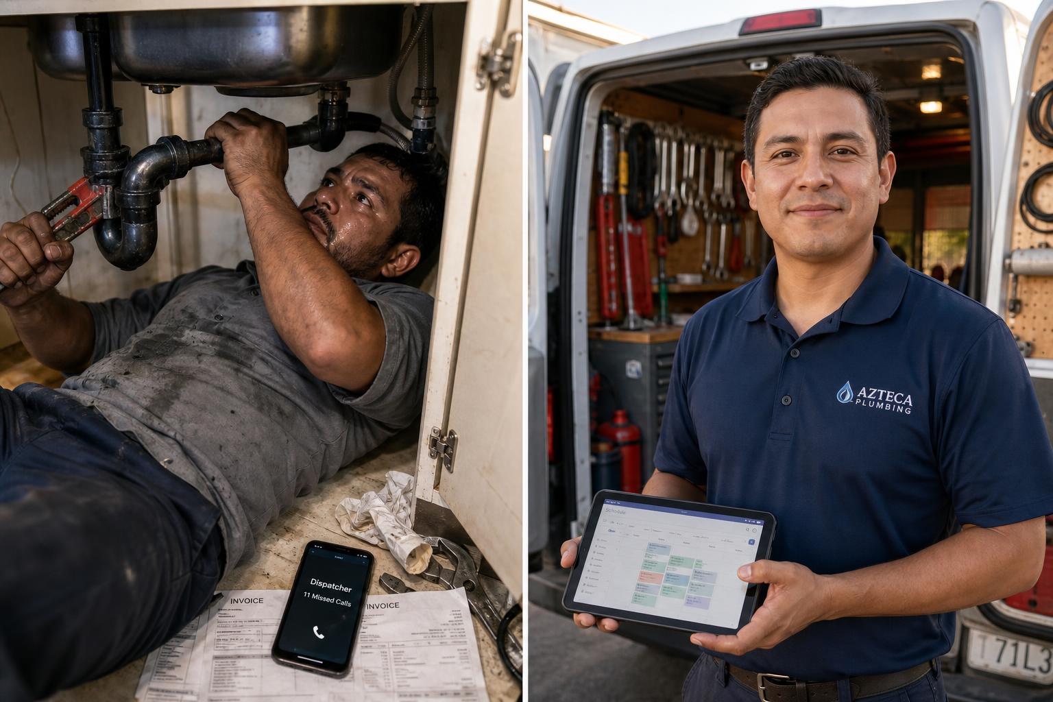 Black plumber transformation: overworked operator on the left, organized business owner on the right